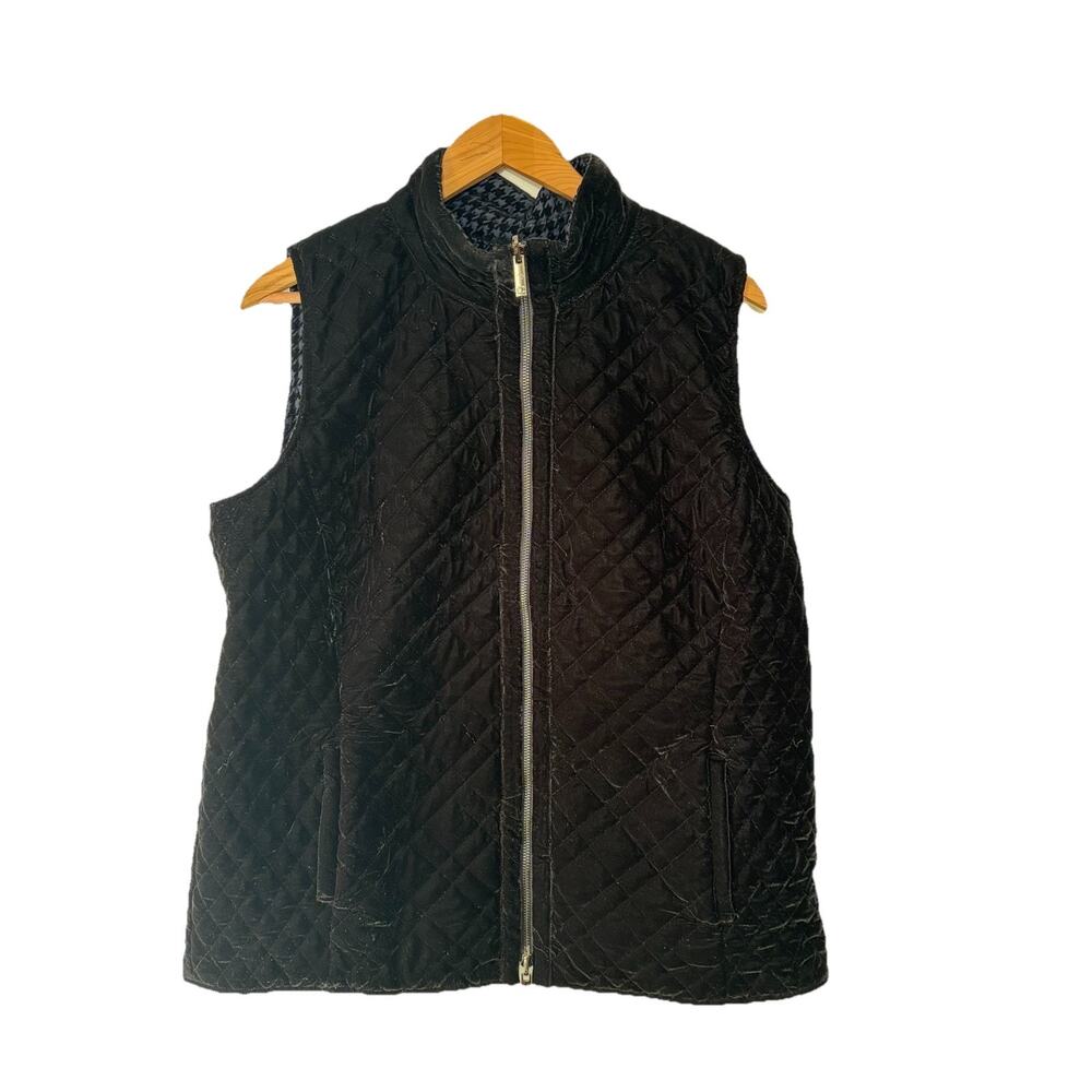 Black‎ Velour Quilted Reversible Vest Zip L Equestrian Old Money Quiet Luxury